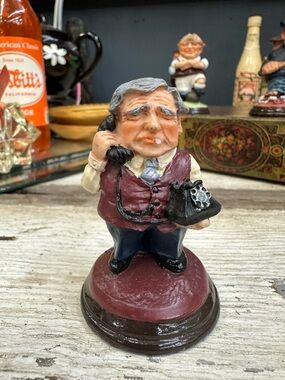 Vintage Businessman Figurine Rotary Phone Office Worker Caricature Statue Decor
